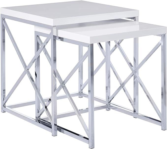 Monarch Specialties , Nesting Table, Chrome Metal, Glossy White, Table Set, 2 pcs | Amazon (US)