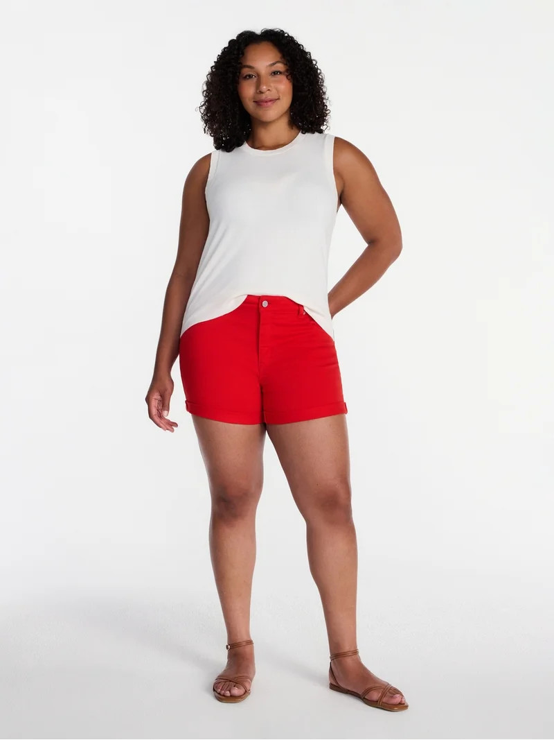 Time and Tru Women's Mid Rise Roll Cuff Denim Shorts, 4" Inseam, Sizes 0-20 | Walmart (US)