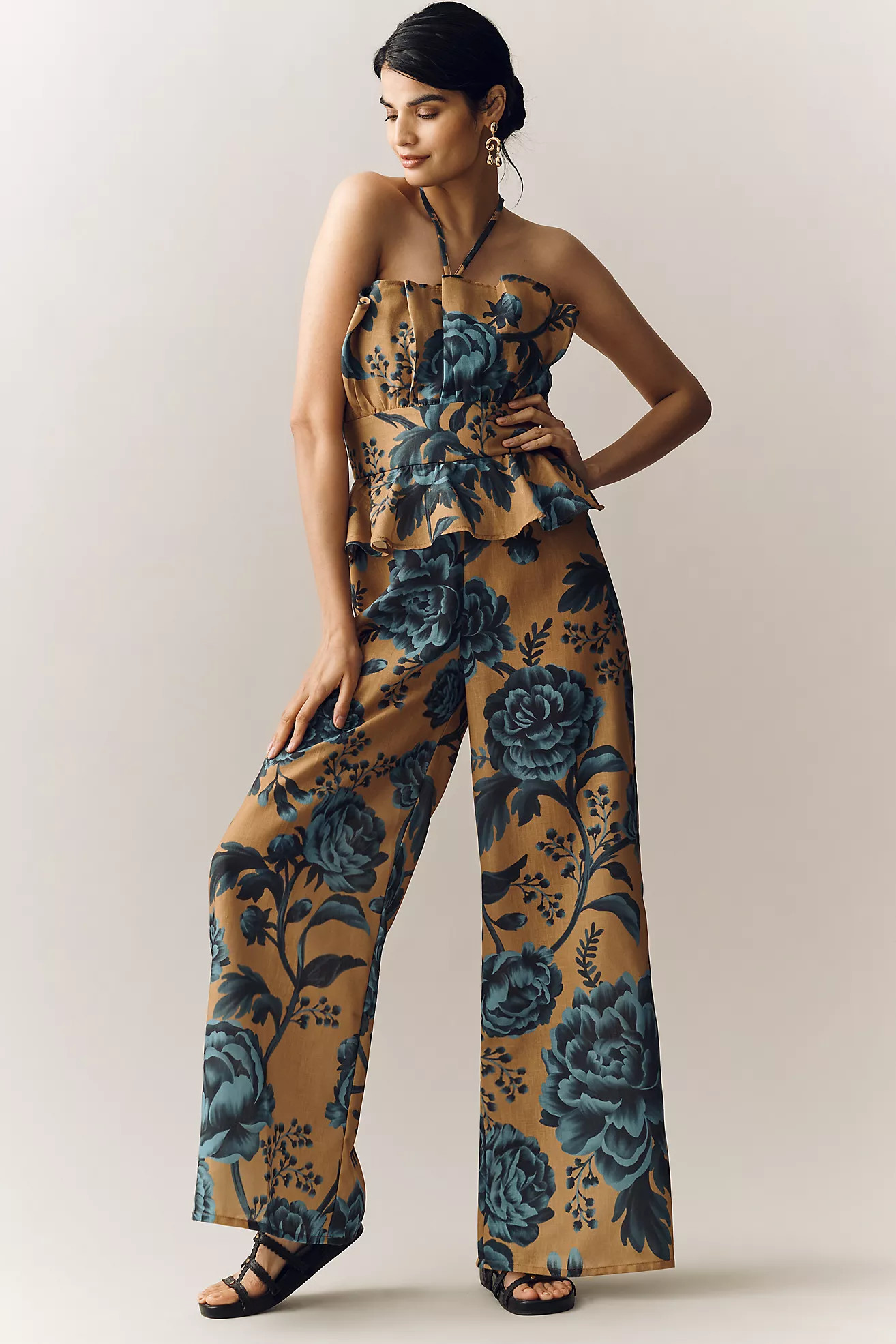 Especia Floral Peplum Halter Jumpsuit | Anthropologie (US)