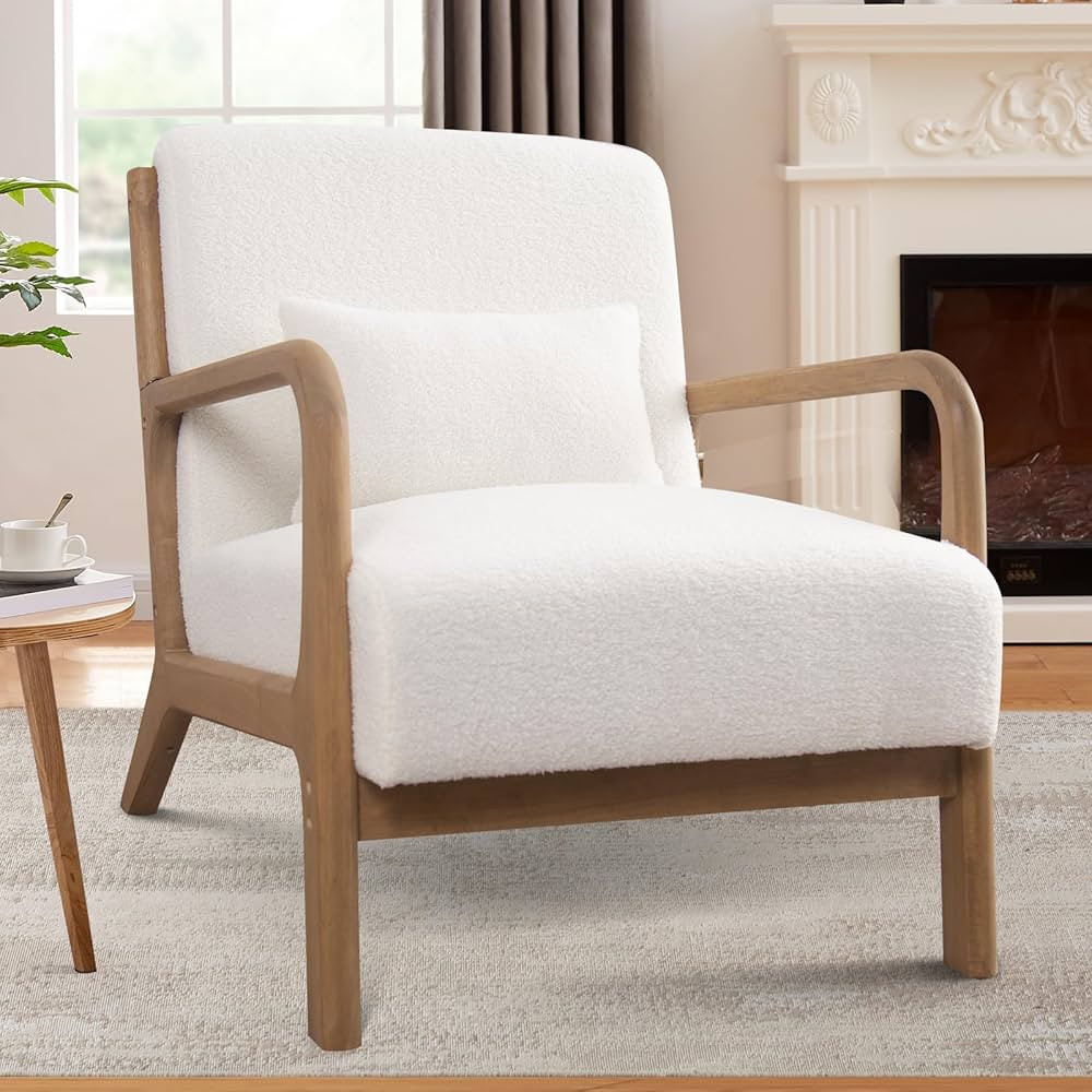 ANJHOME Mid Century Modern Accent Chair, Comfy Lambs Wool Reading Chair with Solid Wood Frame, Ea... | Amazon (US)