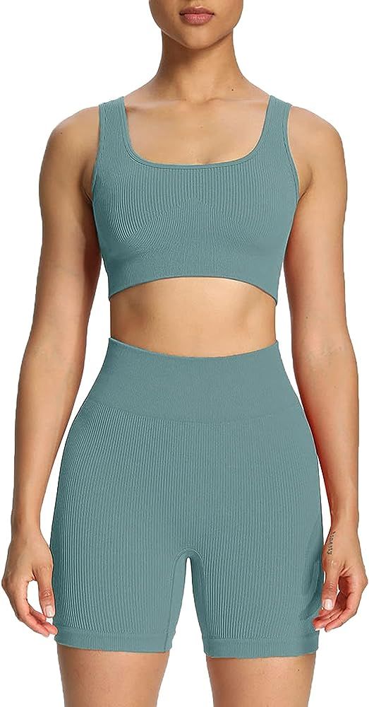 Aoxjox 2 Piece Outfits for Women Ribbed Crop Tank High Waist Seamless Shorts Workout Sets | Amazon (US)