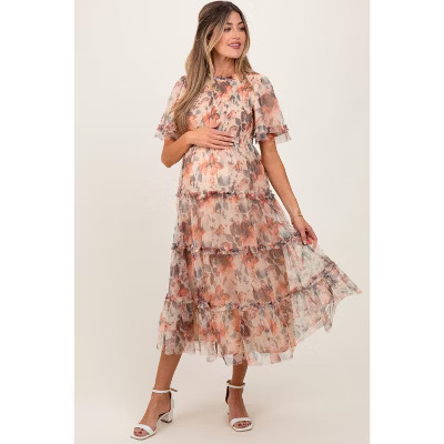 Pinkblush Peach Floral Mesh Smocked Maternity Midi Dress Large | Target