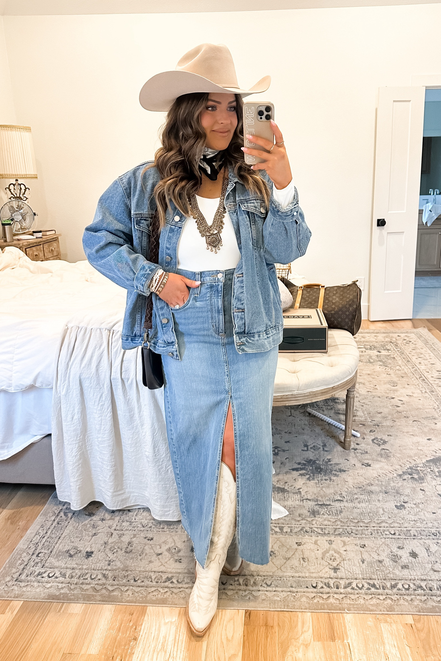 Fort Worth bound for our anniversary! I didn’t think I would love a long denim skirt in my frame but I LOVE! 

Jacket- mine is old top shop but linking a similar option 
Skirt - size 12 but definitely could’ve done the 10, it has stretch 
Boots- Lucchese Pricilla 
Necklace - thrifted gold belt 
Hat- Stetson 

#LTKstyletip #LTKmidsize #LTKshoecrush
