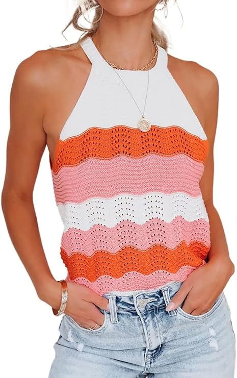 FARYSAYS Womens Summer Crewneck Tank Tops Knit Color Block Sleeveless Shirts | Amazon (US)