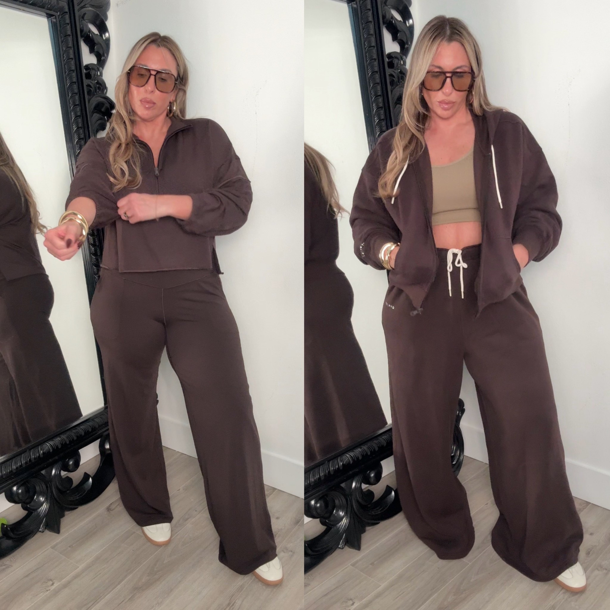 aerie has some of my favorite loungewear. The quality & fit is great. I love how they create different styles so you can mix and match. This is color: Deep Earth. 

sweatpants: XL Long (fits me very oversized could have done a L Long (size down) 

Hoodie size L (runs big size down)

amazon ribbed tank m/l

stretchy high waist wide leg pants size XL reg length (TTS) 

zip up size L (size down) 

#LTKSaleAlert #LTKTall #LTKMidsize