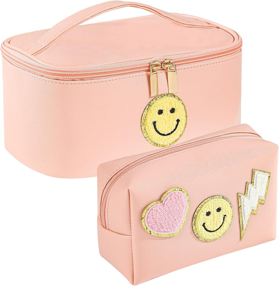 Preppy Patch Makeup Bag Leather Cosmetic Bag Small Makeup Pouch, Waterproof Travel Toiletry Organ... | Amazon (US)