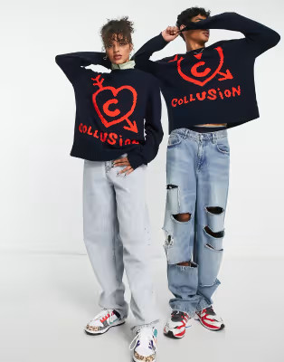 COLLUSION Unisex knitted sweater with branded jacquard in navy | ASOS (Global)