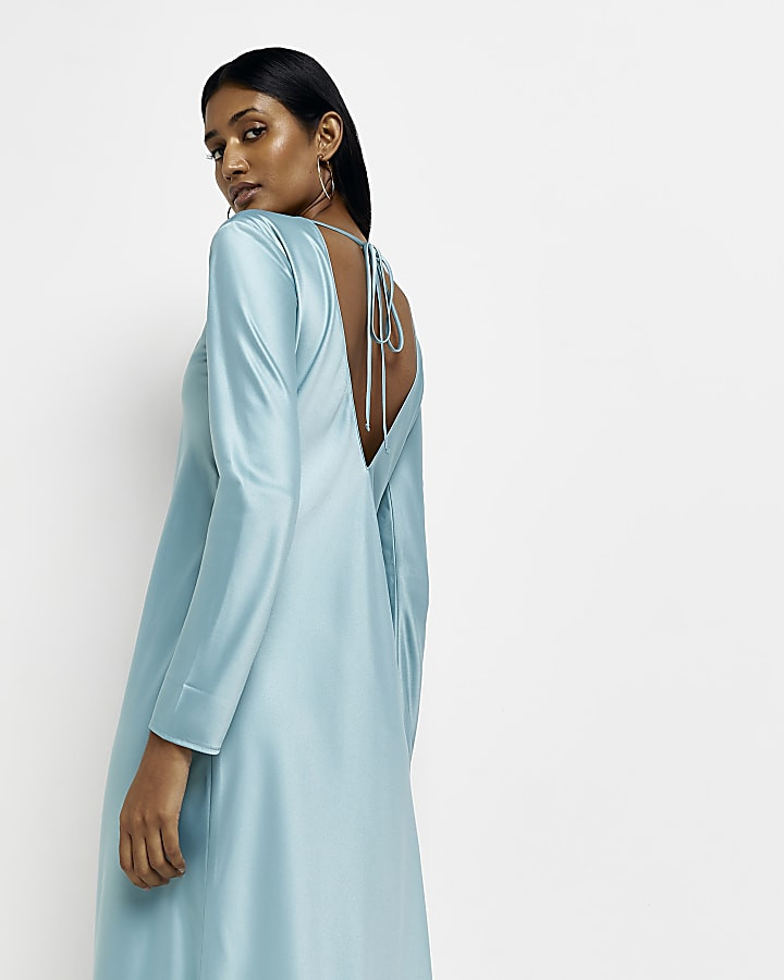 Blue satin long sleeve slip midi dress | River Island (US)