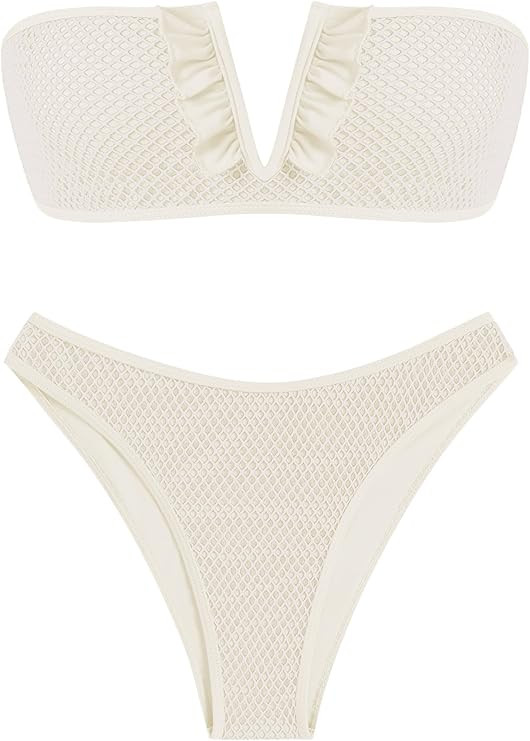 ZAFUL Women's Strapless Ribbed V Wired Lace Up Ruffle Tie High Cut Bandeau Swimsuits Bikini Set | Amazon (US)