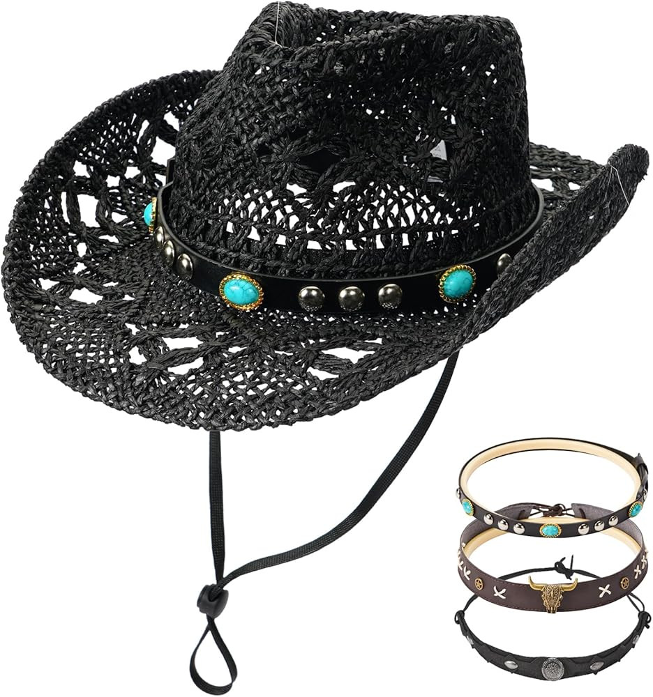 Straw Cowboy Hat for Women & Men Western Cowgirl Hat Woven Sun Hat Packable Cowboy Hats with Band... | Amazon (US)
