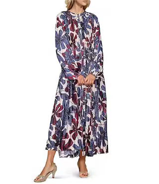 MELLODAY Floral Pleated Long Sleeve Button Front Tie Waist Maxi Dress | Dillard's | Dillard's