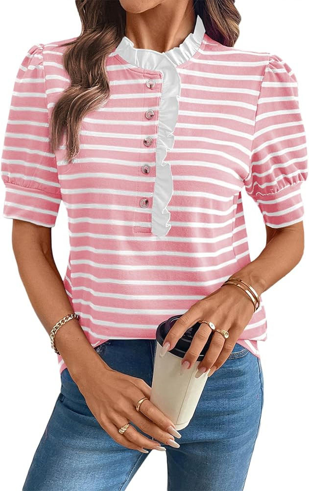 BLENCOT Summer T Shirt for Women Casual Puff Sleeve Button Down Ruffle Collar Striped Knit Blouse... | Amazon (US)