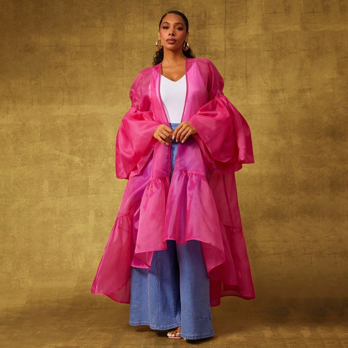 Vixey Fuchsia Pink Sheer Organza Ruffle Hem Puff Sleeve Maxi Duster, Going Out | SHEIN