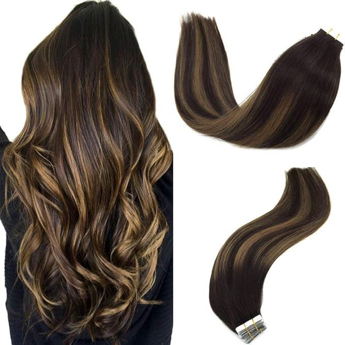 GOO GOO Balayage Human Hair Extensions Tape in Ombre Dark Brown to Chestnut Brown Natural Tape in... | Amazon (US)