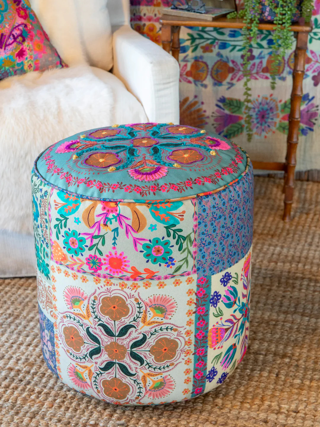 Boho Embroidered Pouf - Mandala Patchwork Cream
 – Natural Life | Natural Life