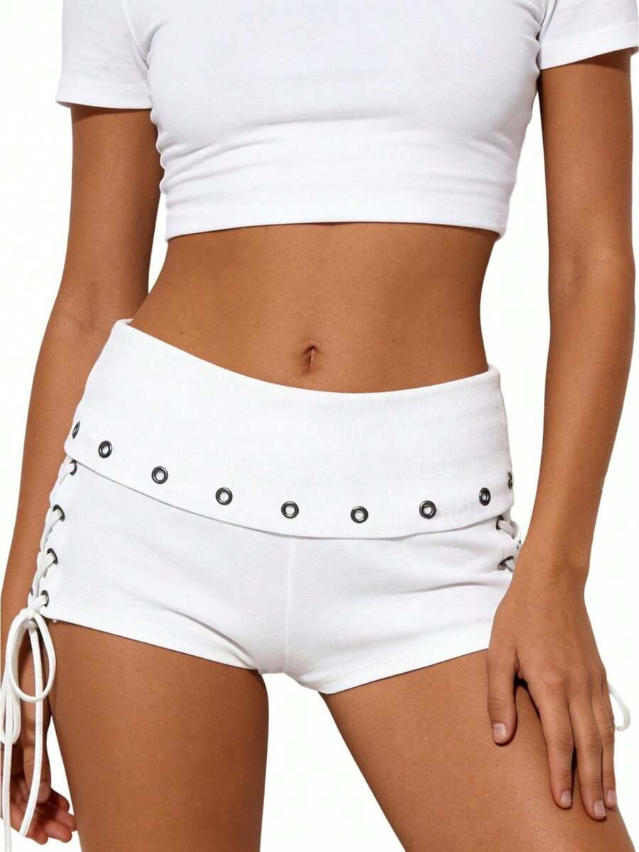 LocalWomen's Low Rise Lace Up Shorts Eyelet Detail Folded Waist Bodycon Fit Casual Coquette Y2K M... | SHEIN