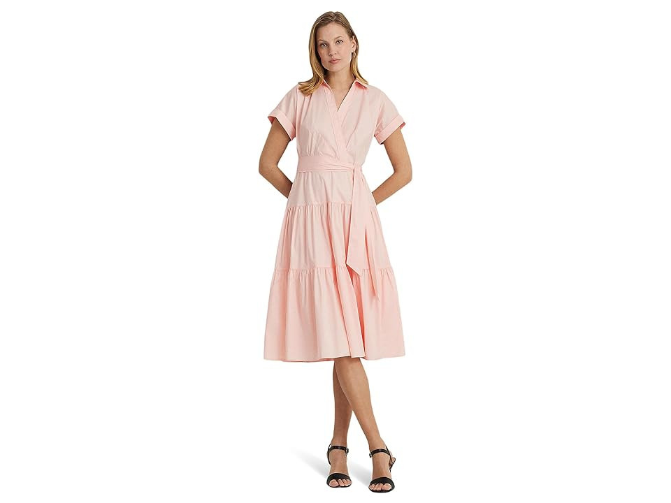 Lauren Ralph Lauren Belted Cotton-Blend Tiered Dress Women's Dress Pink Opal : 4, Cotton/Elastane/Nylon | Zappos