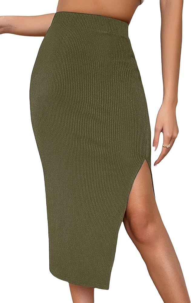 Verdusa Women's High Waist Slit Hem Rib Knit Midi Bodycon Skirt | Amazon (US)