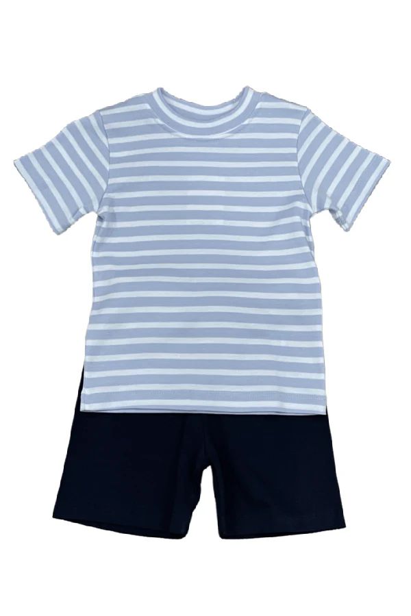 Boy's Short Set - Light Blue Wide Stripe and Navy | The Frilly Frog