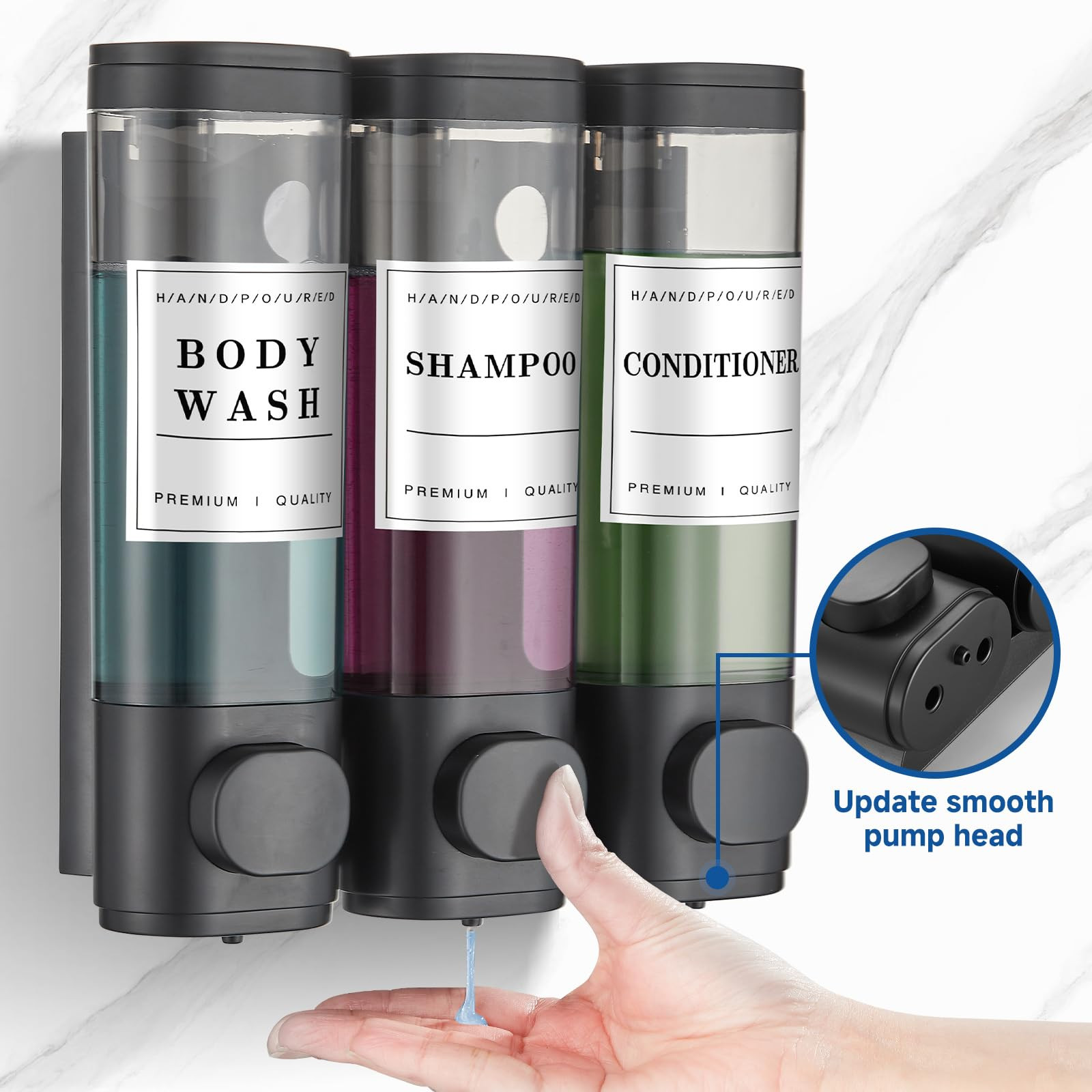 Shampoo and Conditioner Dispenser Shower Dispenser Body Wash Wall Mounted Shampoo Dispenser for Shower Wall No Drill for Bathroom Hotel 3 Chamber x 300ml Black with Waterproof Labels | Amazon (US)