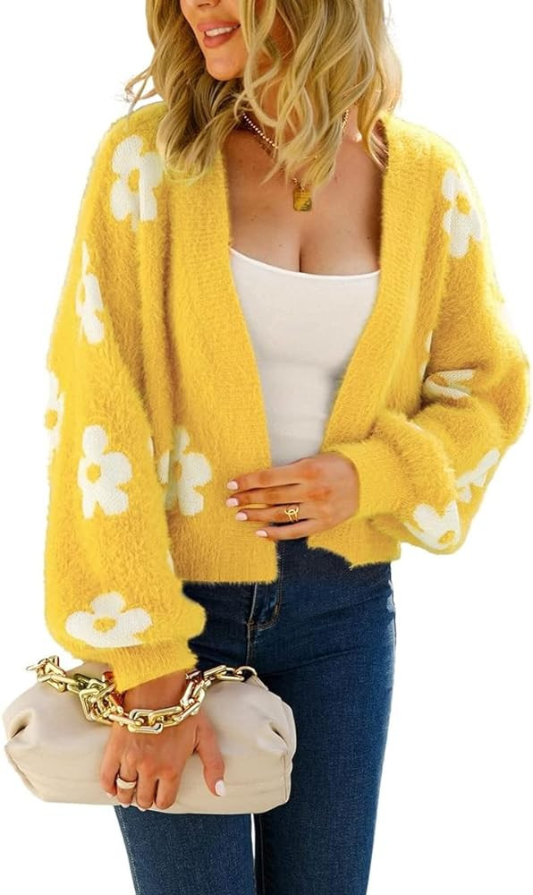 chouyatou Women's Fuzzy Daisy Printed Cropped Cardigan Open Front Jacquard Knit Sweater Tops | Amazon (US)