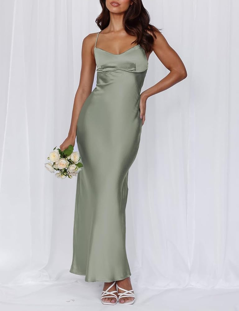 Summer Sexy Satin Spaghetti Strap Maxi Dress for Women Backless Sleeveless Slit Tie Back Cocktail... | Amazon (US)