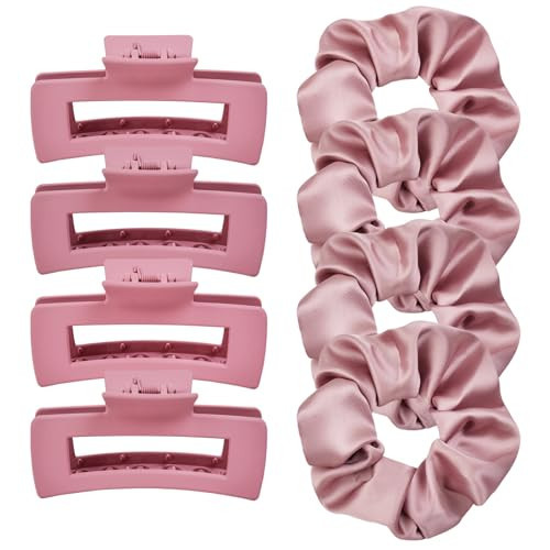 JGQUR 8 Pcs Pink Claw Clips and Hair Scrunchies Set – Square Hair Clips for Women, Medium Non-Slip Matte, Large Satin Scrunchies, Hair Accessories for Thick Thin Hair, Party, Daily Use – Dusty Rose | Amazon (US)