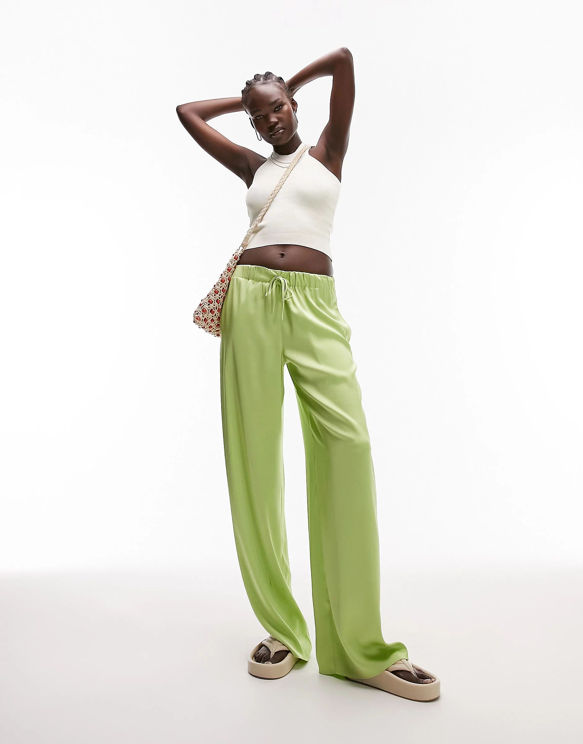 Topshop Tall satin drawstring waist wide leg pants in lime - part of a set | ASOS (Global)