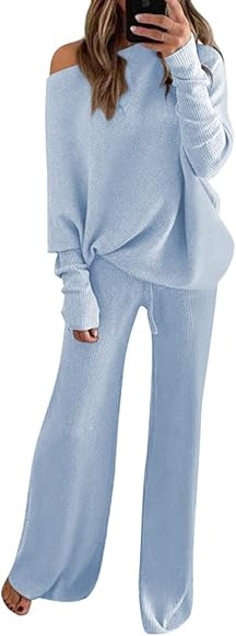 Fixmatti Women Knitted Outfits High Neck Sweater Wide Leg Pant Set 2 Pieces Sweatsuit | Amazon (US)
