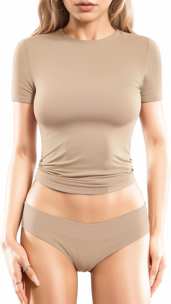 MANGOPOP Women's Double Lined Short Sleeve Tops Crew Neck T Shirts Fitted Basic Tee | Amazon (US)