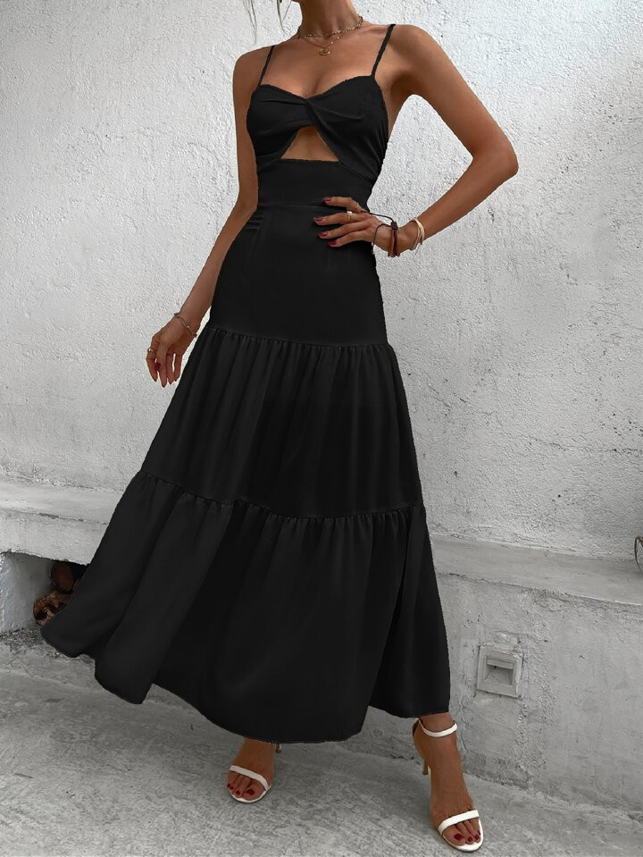 SHEIN LUNE Twist Front Cut Out Ruffle Hem Maxi Cami Dress | SHEIN