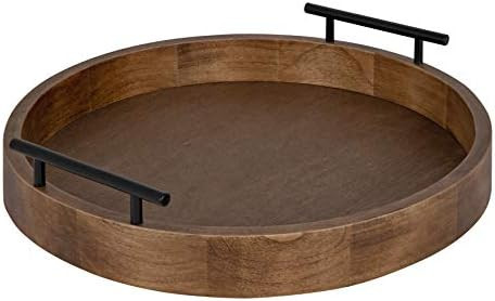 Kate and Laurel Lipton Modern Round Wood Tray, 15.5" Diameter, Rustic Brown with Black Handles, D... | Amazon (US)