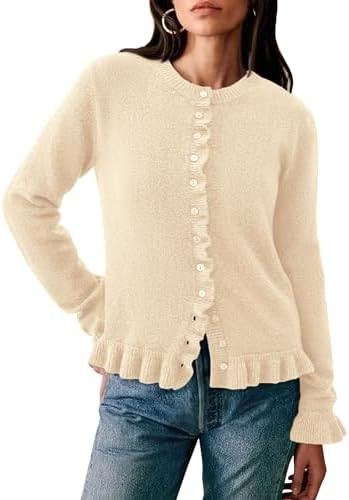 PRETTYGARDEN Womens Fall Button Down Cardigans Chunky Knit Ruffle Open Front Cropped Cardigan Swe... | Amazon (US)
