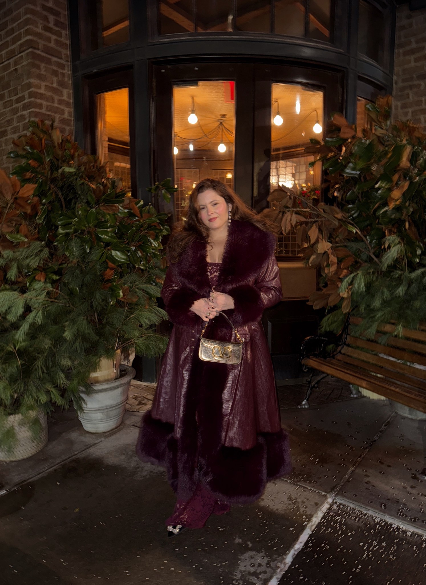 Oh Polly burgundy lace maxi dress 
Akira faux fur lined burgundy trench coat 

#LTKHoliday #LTKGiftGuide #LTKMidsize