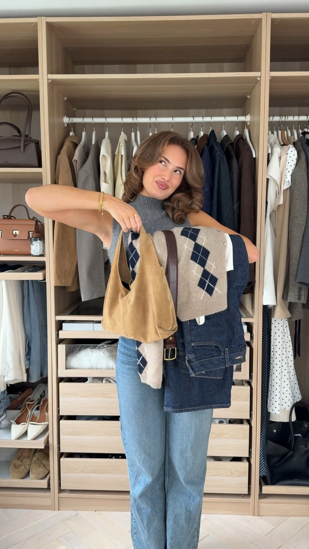 Cosy outfit idea, preppy outfit idea, autumn outfit idea, argyle cardigan, reformation cardigan, dark wash jeans, suede bag, brown suede ballet flats 

#LTKuk #LTKautumn