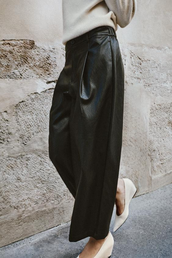 Zara - Faux Leather Pleated Culotte Pants - Black - S - Woman | Zara US