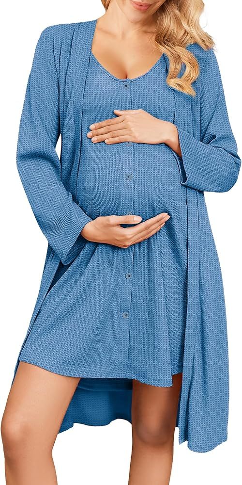 Ekouaer Maternity Nursing Gown and Robe Set 2 Piece Waffle Breastfeeding Nightgown 3 in 1 Labor a... | Amazon (US)