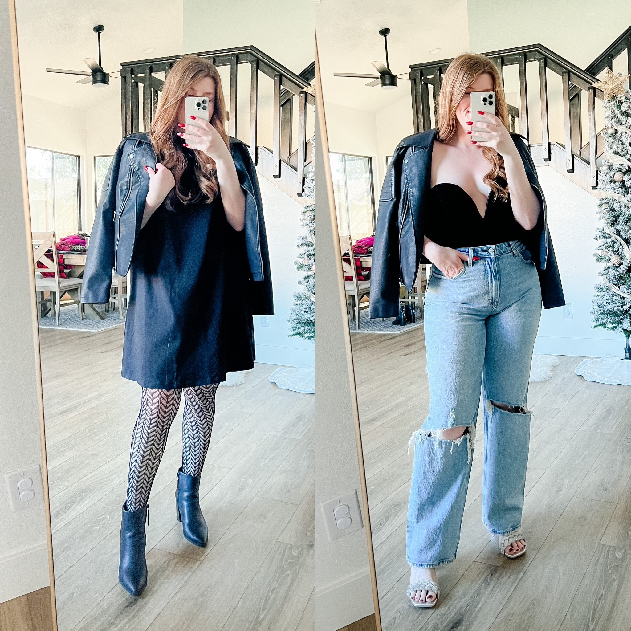 NYE outfits from amazon. Velvet bodysuit. Faux leather jacket. Patterned tights. Amazon outfit. New Year’s Eve outfit. 

#LTKstyletip #LTKHoliday #LTKsalealert