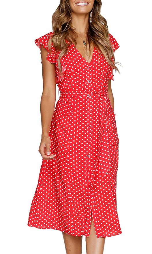 MITILLY Women's Summer Boho Polka Dot Sleeveless V Neck Swing Midi Dress with Pockets | Amazon (US)