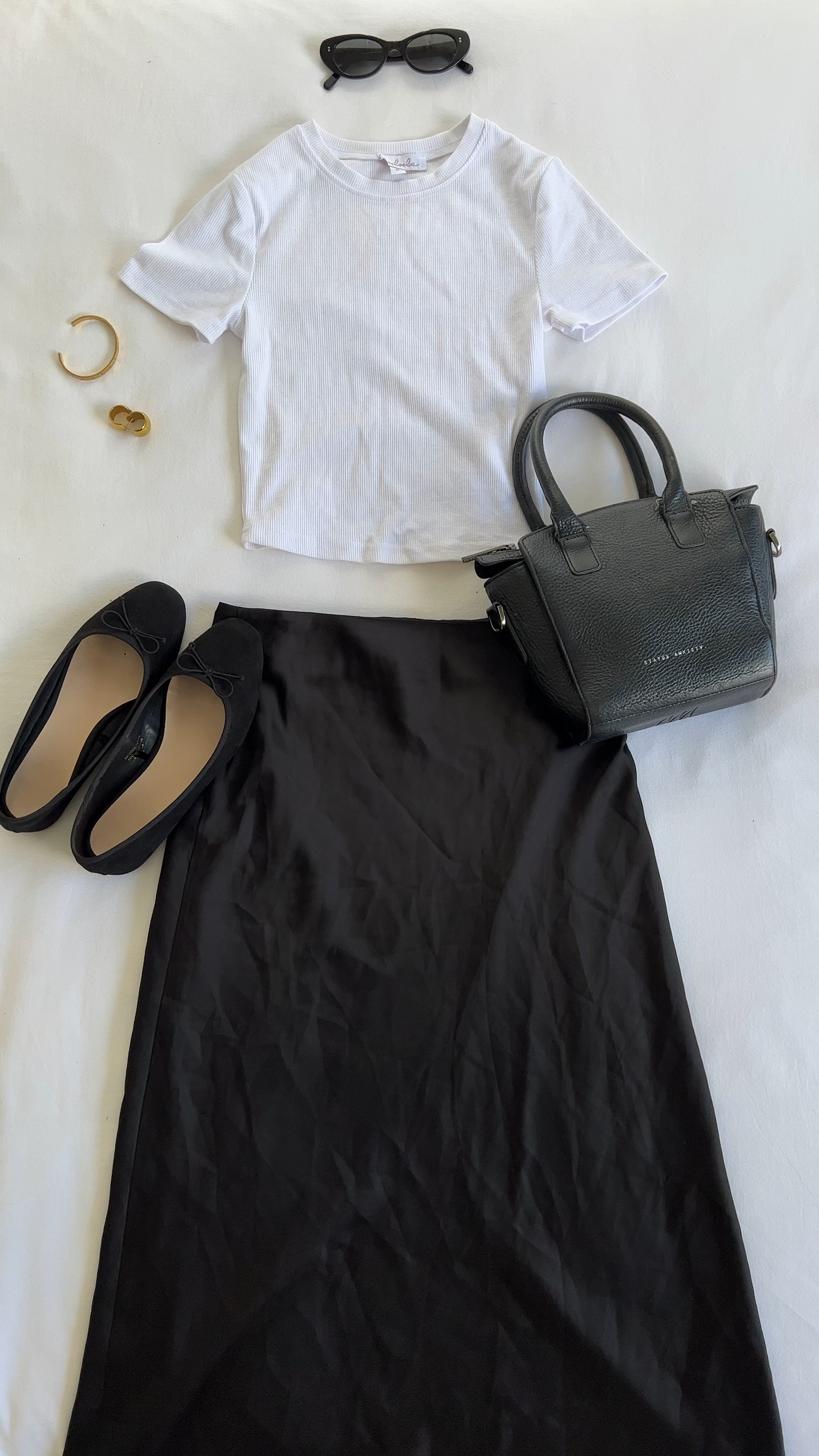 Neutral Spring Outfit - black satin maxi skirt, white cropped tee, ballet flats, gold jewellery 