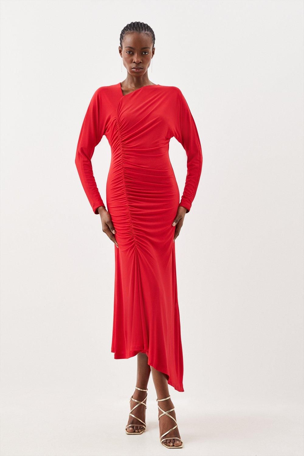 Jersey Crepe Ruched Long Sleeve Maxi Dress | Karen Millen UK + IE + DE + NL