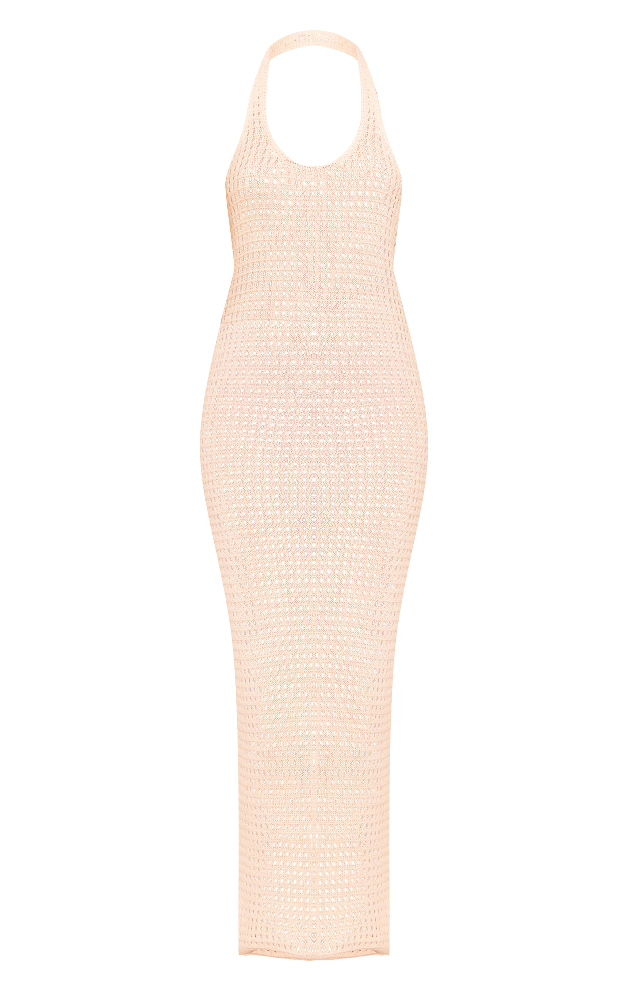Cream Crochet Halter Maxi Dress | Knitwear | PrettyLittleThing UK
