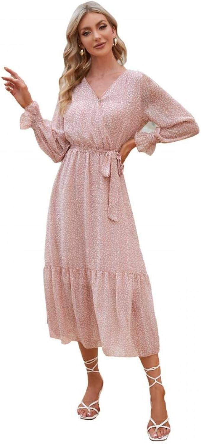 Comeon Womens Boho Floral Dress Long Sleeve Wrap Vneck Ruffle A-Line Flowy Casual Spring Fall Max... | Amazon (US)