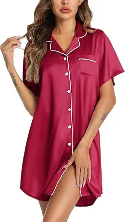 Senert Satin Nightgown for Women Button Down Sleep Shirt Short Sleeve Sleepwear Pajama Dress Boyf... | Amazon (US)