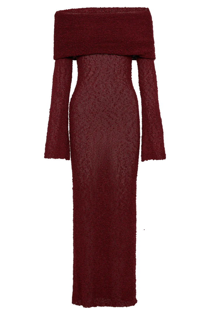 MARISOL OFF SHOULDER BOUCLE MAXI DRESS - PLUM | MESHKI US