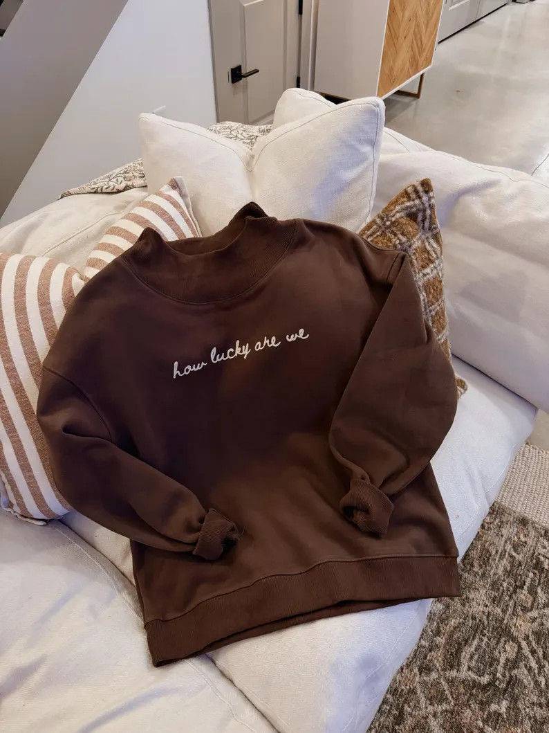How Lucky Are We Mock Neck Sweatshirt | Cozy Fall Brown Crewneck | Minimalist Aesthetic Pullover ... | Etsy (US)
