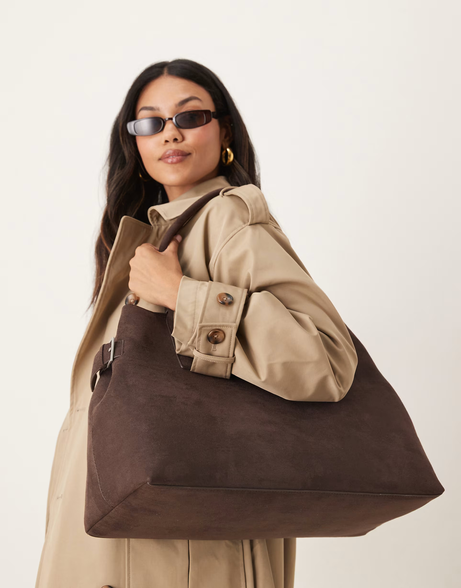 Gina Tricot faux suede large tote bag with buckle belt side detail in dark brown | ASOS (Global)