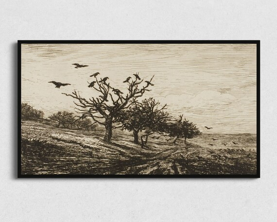 Halloween Samsung Frame TV Art | Crows in the Trees | Digital Vintage Fall Autumn Landscape Moody... | Etsy (US)