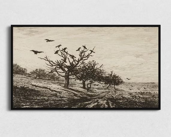 Halloween Samsung Frame TV Art | Crows in the Trees | Digital Vintage Fall Autumn Landscape Moody... | Etsy (US)