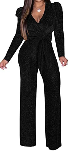 Women's Sparkly Jumpsuits Sexy Long Sleeve Cocktail Elegant Mock Neck Bodycon Straight Long Pants Rompers With Pockets | Amazon (US)